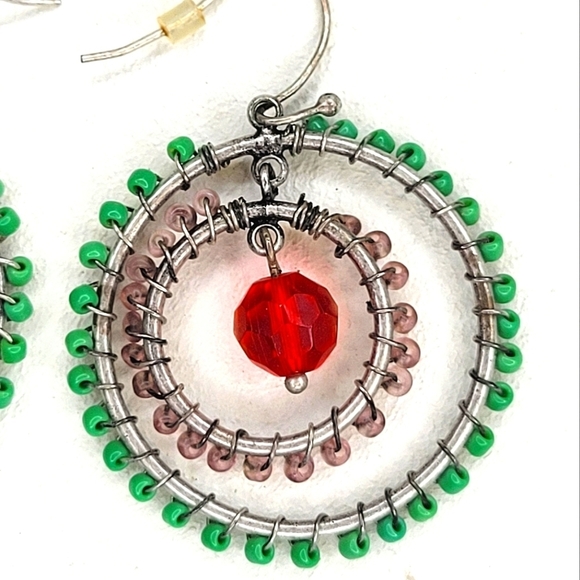 Glass Bead Wire-Weaved Double Hoop Silver Earrings - Picture 2 of 5